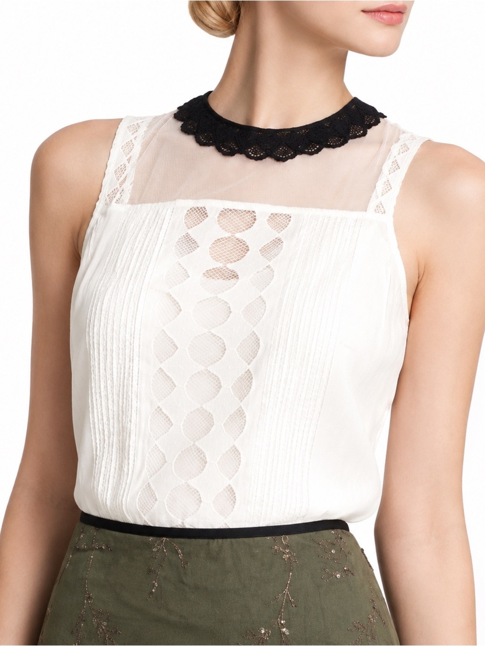 Anthropologie Postmark Ivory Sleeveless Top Black Lace Contrast Collar Size 6